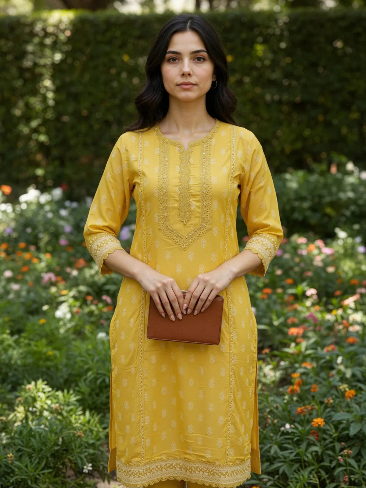 Buy Chanderi Embroidered Straight Calf Length Kurta with Pant and Dupatta-Mustard
