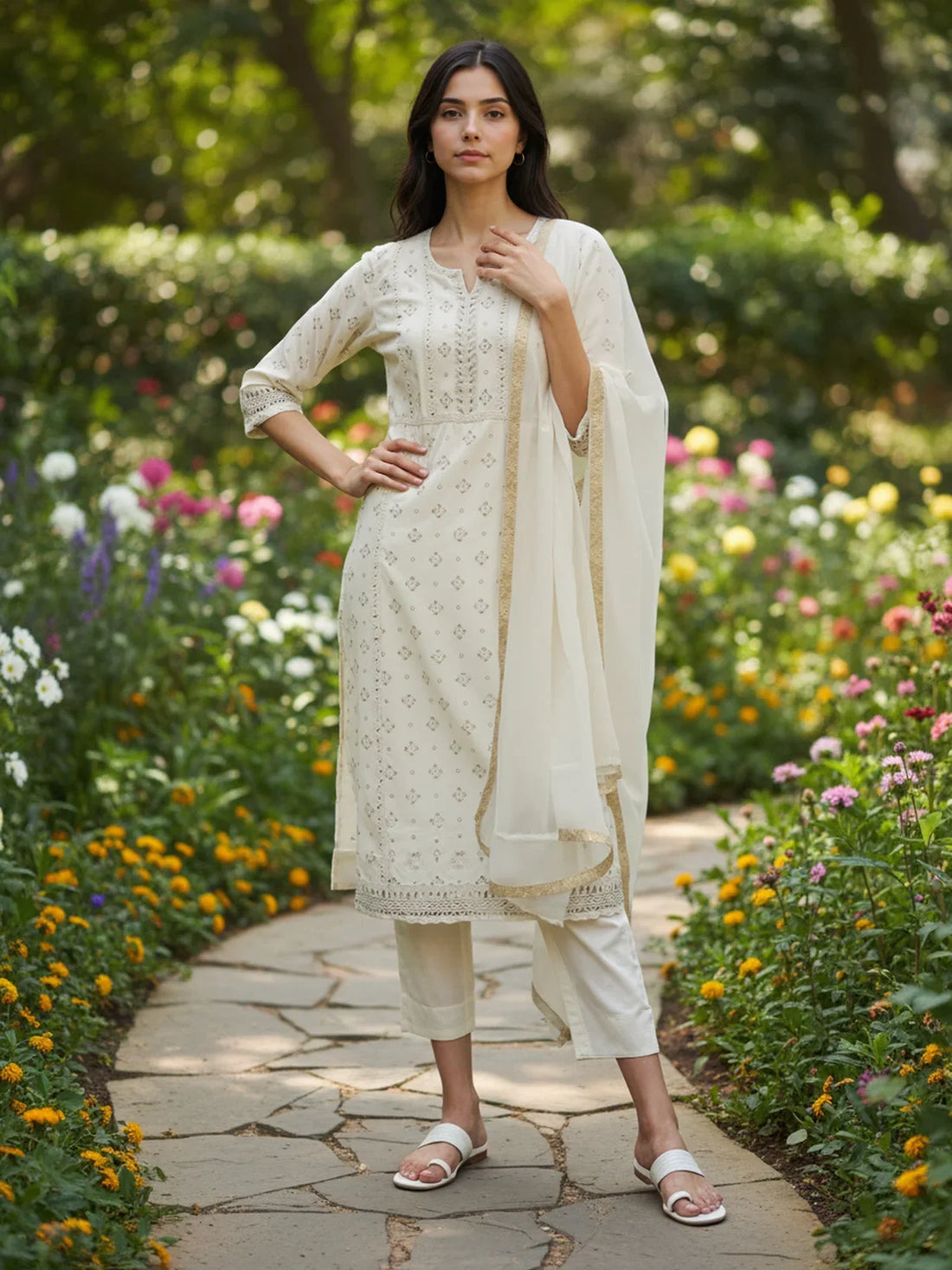 Buy Chanderi Embroidered Straight Calf Length Kurta with Pant and Dupatta-Cream
