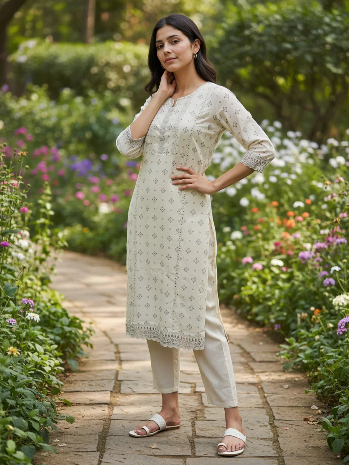 Buy Chanderi Embroidered Straight Calf Length Kurta with Pant and Dupatta-Cream