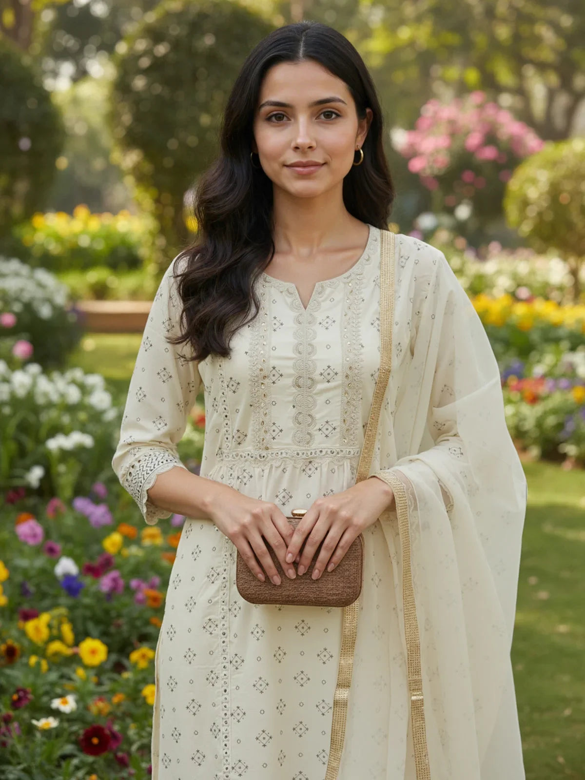 Buy Chanderi Embroidered Straight Calf Length Kurta with Pant and Dupatta-Cream