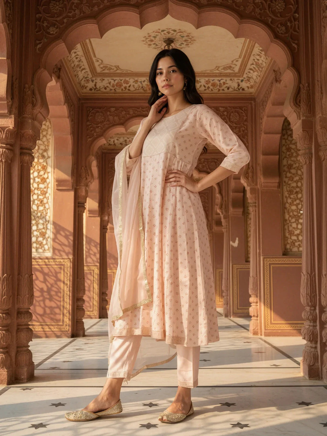 Buy Poly Viscose Embroidered Anarkali Calf Length Kurta with Pant and Dupatta-Peach