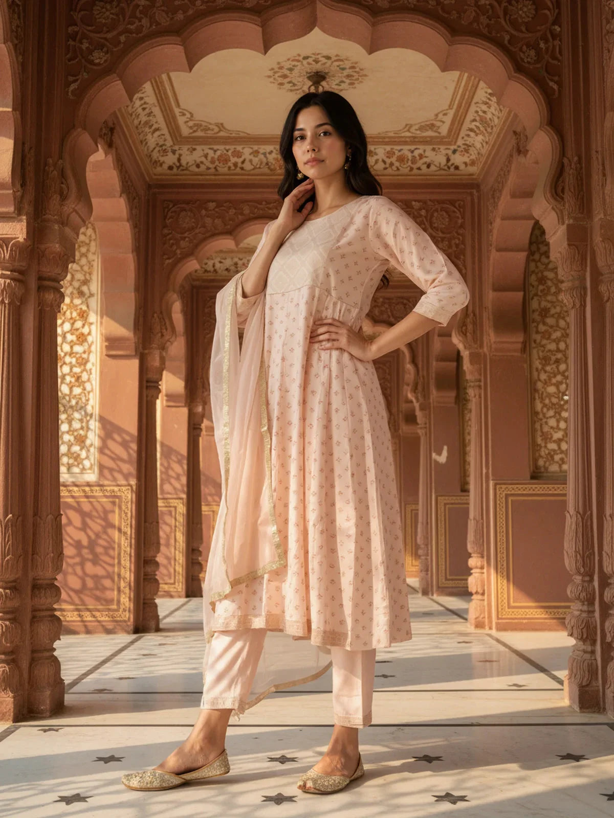 Buy Poly Viscose Embroidered Anarkali Calf Length Kurta with Pant and Dupatta-Peach