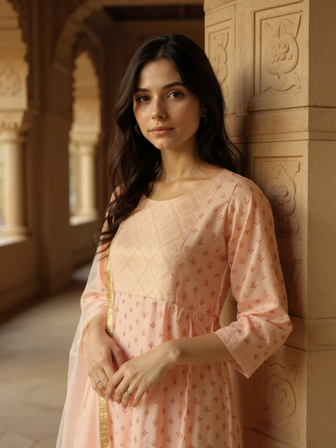 Buy Poly Viscose Embroidered Anarkali Calf Length Kurta with Pant and Dupatta-Peach