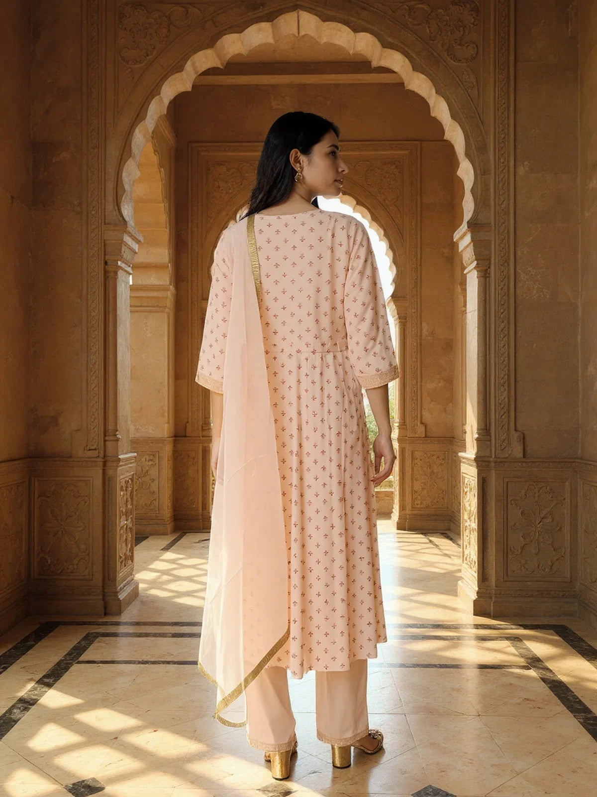 Buy Poly Viscose Embroidered Anarkali Calf Length Kurta with Pant and Dupatta-Peach