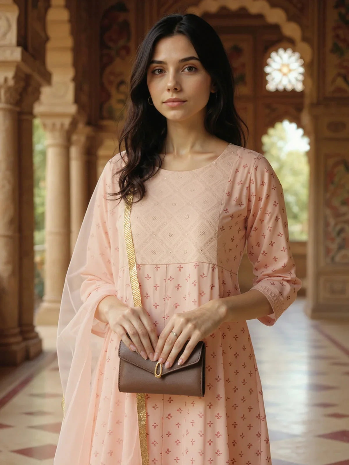 Buy Poly Viscose Embroidered Anarkali Calf Length Kurta with Pant and Dupatta-Peach