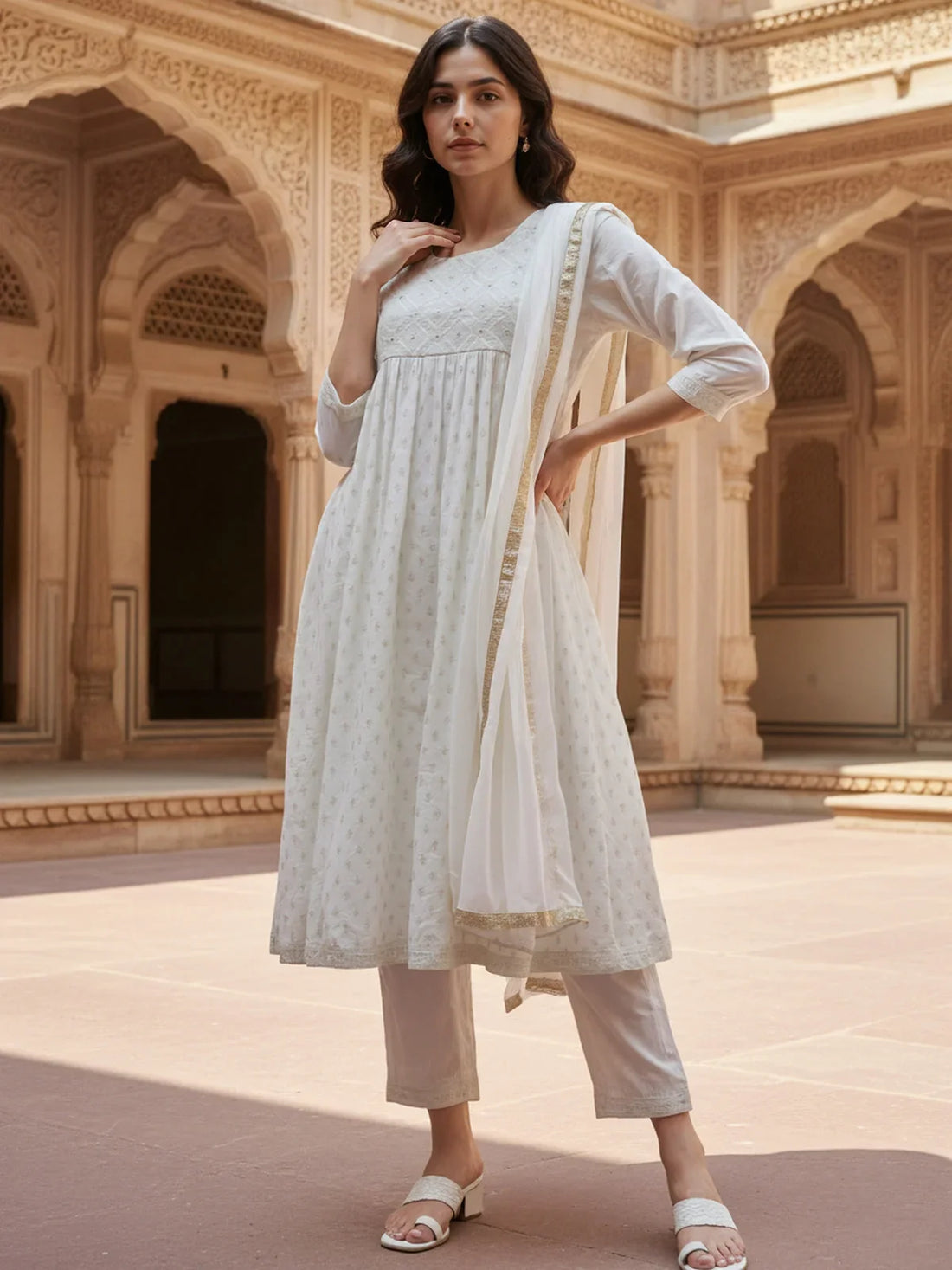 Buy Poly Viscose Embroidered Anarkali Calf Length Kurta with Pant and Dupatta-White