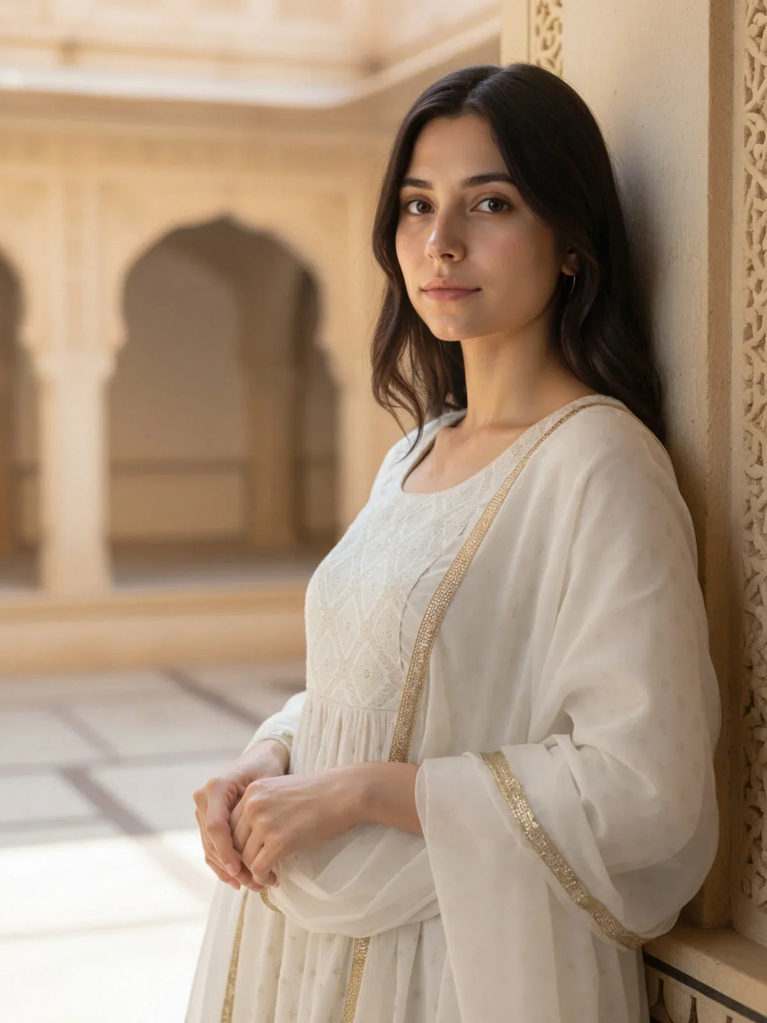 Buy Poly Viscose Embroidered Anarkali Calf Length Kurta with Pant and Dupatta-White