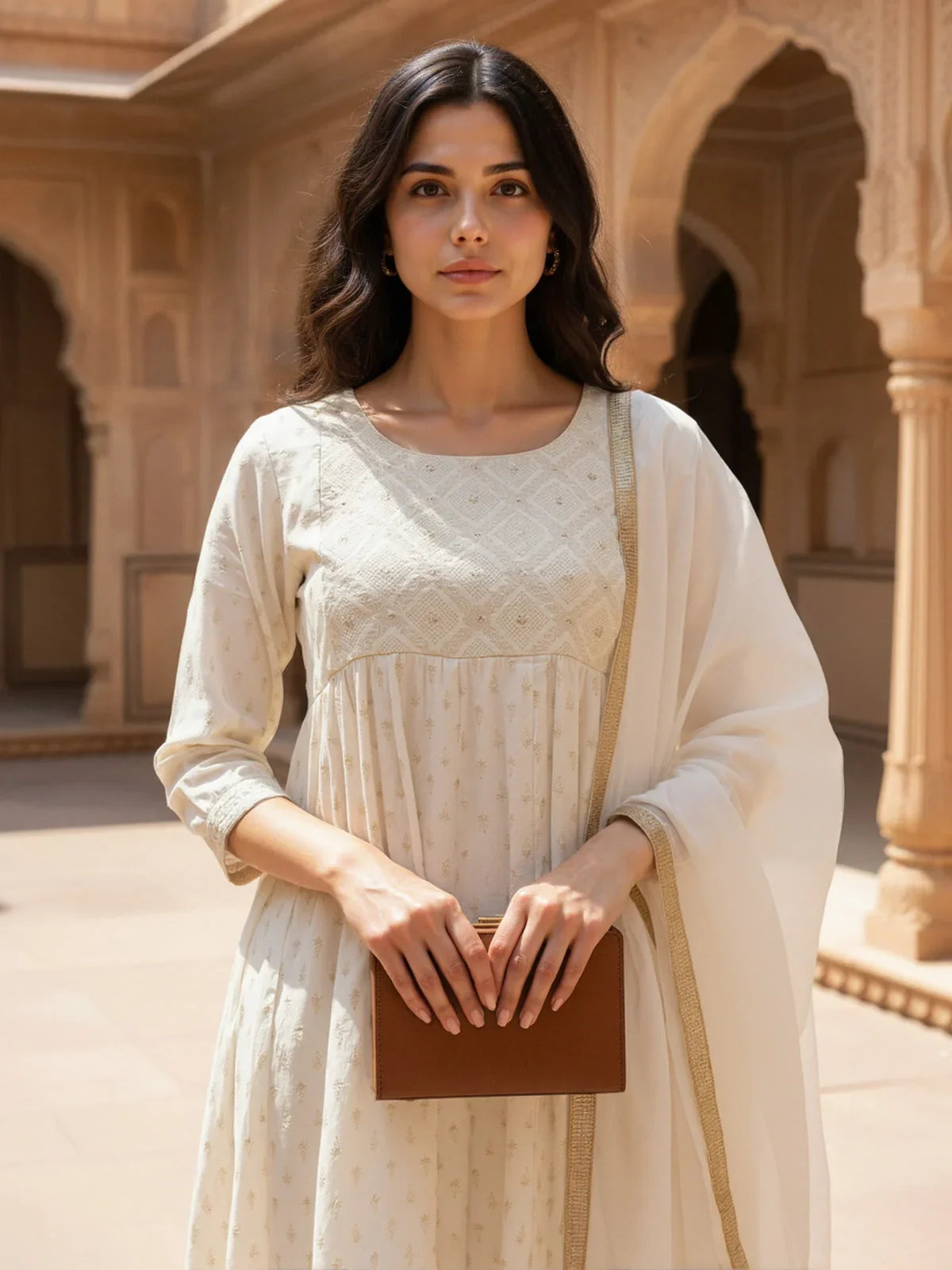 Buy Poly Viscose Embroidered Anarkali Calf Length Kurta with Pant and Dupatta-White