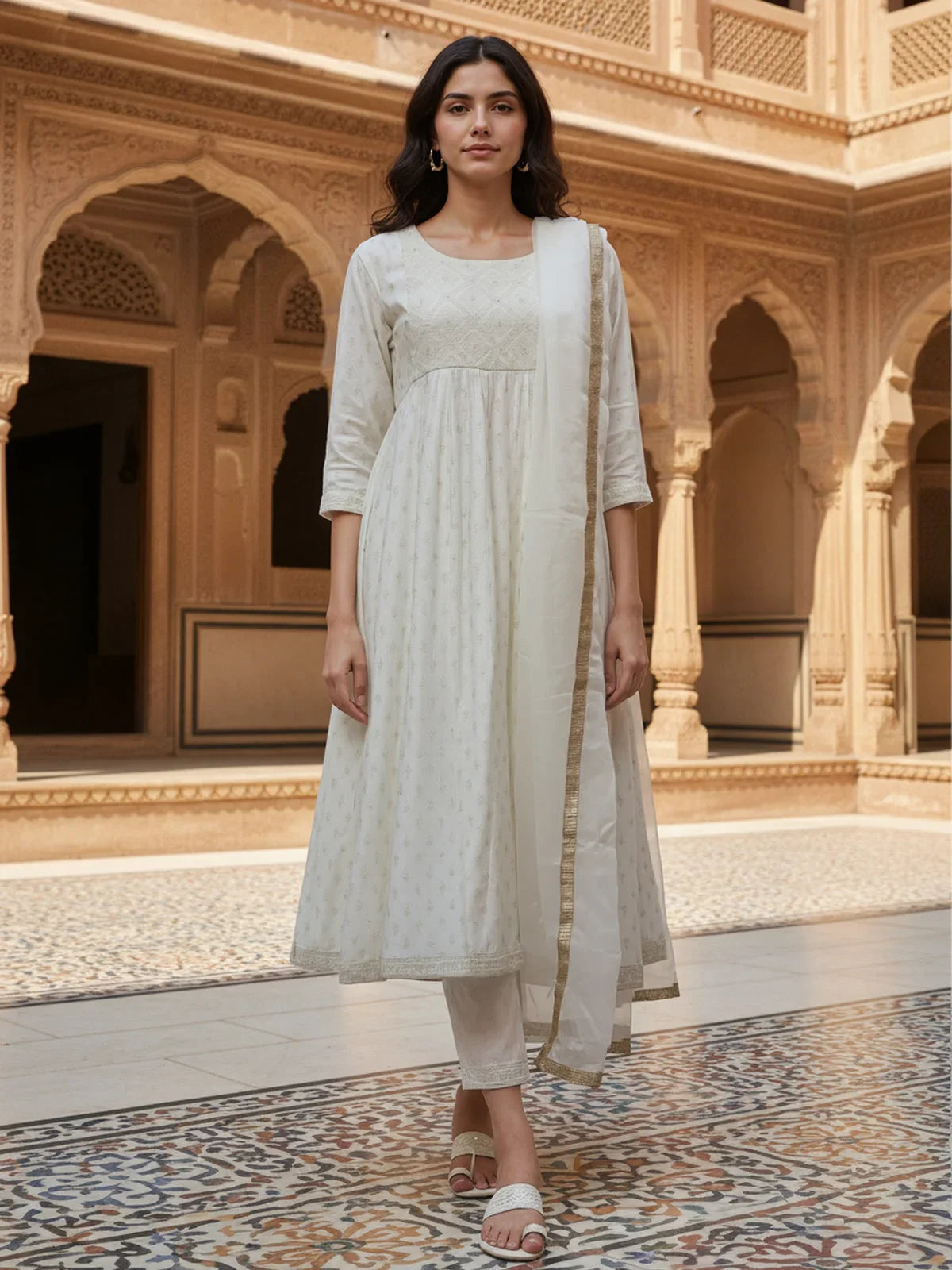 Buy Poly Viscose Embroidered Anarkali Calf Length Kurta with Pant and Dupatta-White