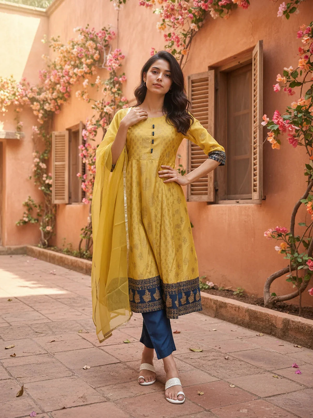 Buy Poly Viscose Printed Anarkali Calf Length Kurta with Pant and Dupatta-Yellow