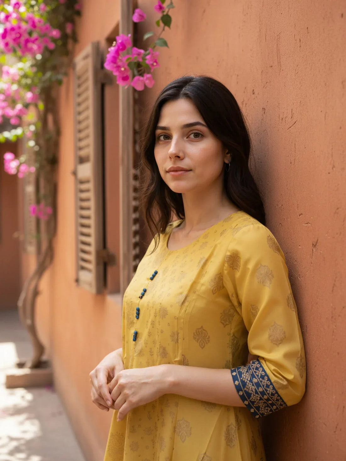 Buy Poly Viscose Printed Anarkali Calf Length Kurta with Pant and Dupatta-Yellow