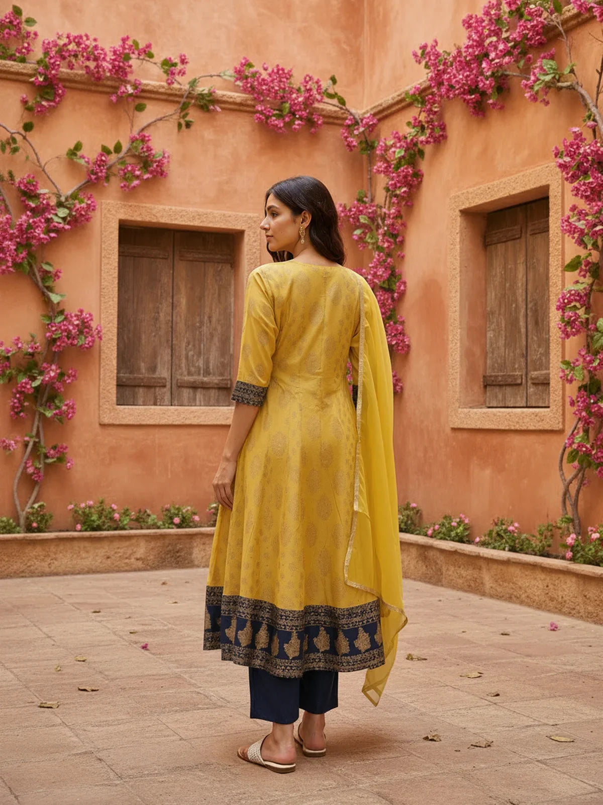 Buy Poly Viscose Printed Anarkali Calf Length Kurta with Pant and Dupatta-Yellow