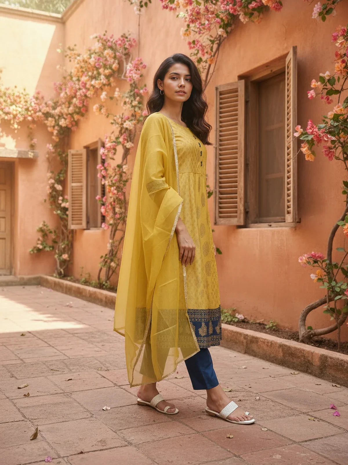 Buy Poly Viscose Printed Anarkali Calf Length Kurta with Pant and Dupatta-Yellow