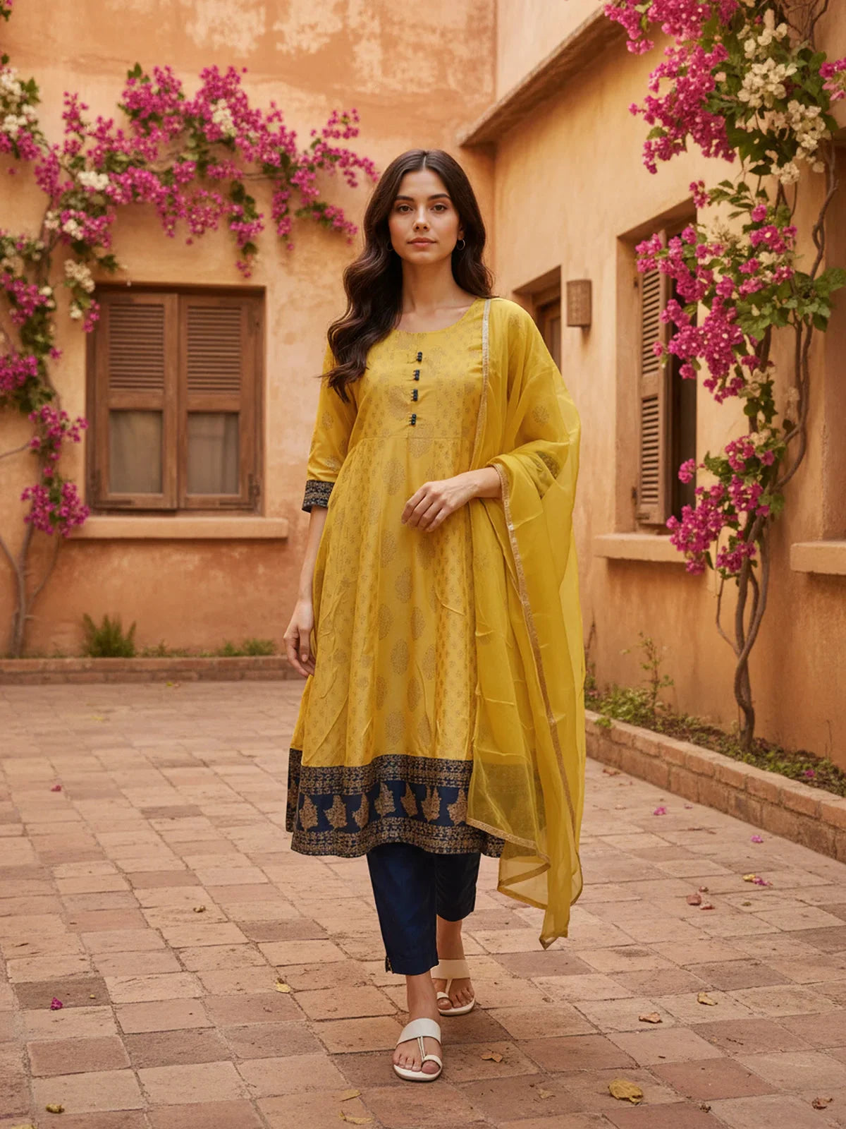 Buy Poly Viscose Printed Anarkali Calf Length Kurta with Pant and Dupatta-Yellow