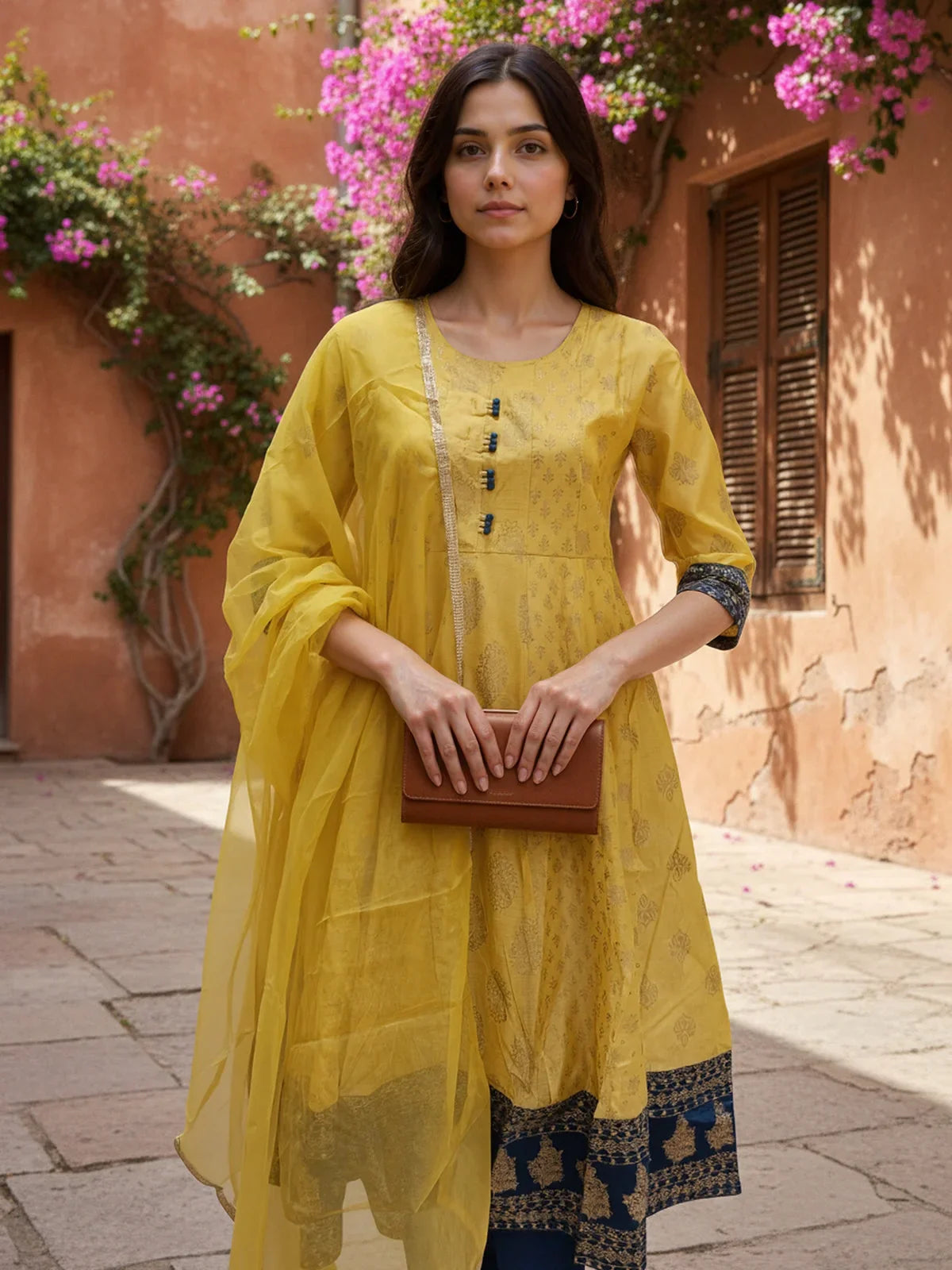 Buy Poly Viscose Printed Anarkali Calf Length Kurta with Pant and Dupatta-Yellow