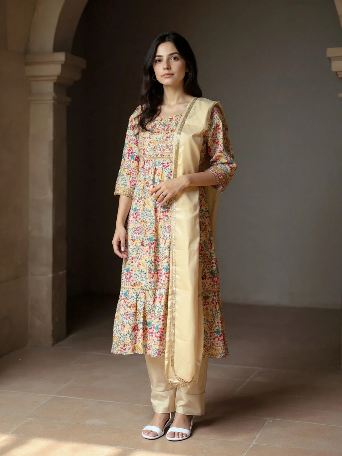 Buy Poly Viscose Embroidered Anarkali Calf Length Kurta with Pant and Dupatta-Beige