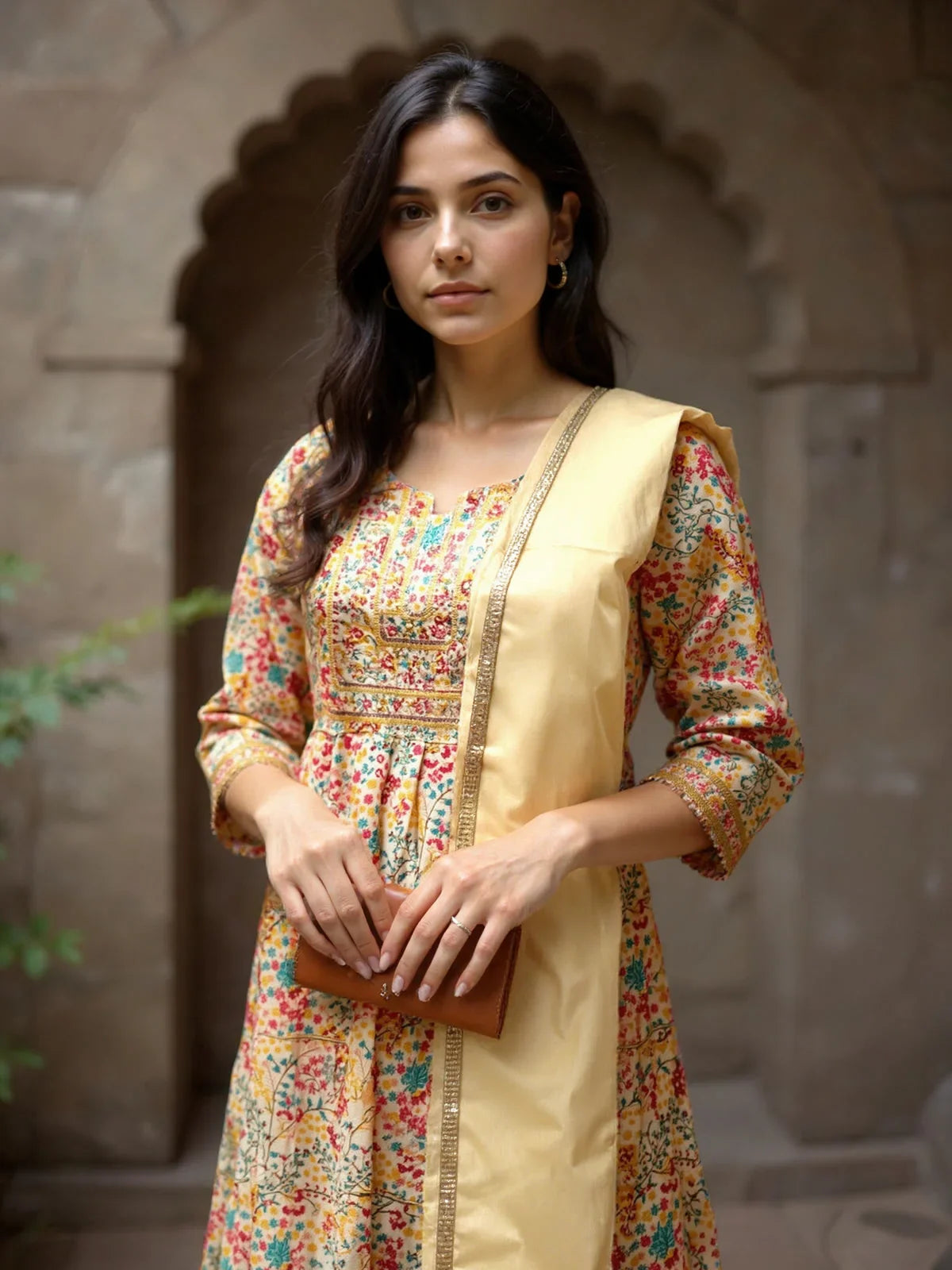 Buy Poly Viscose Embroidered Anarkali Calf Length Kurta with Pant and Dupatta-Beige