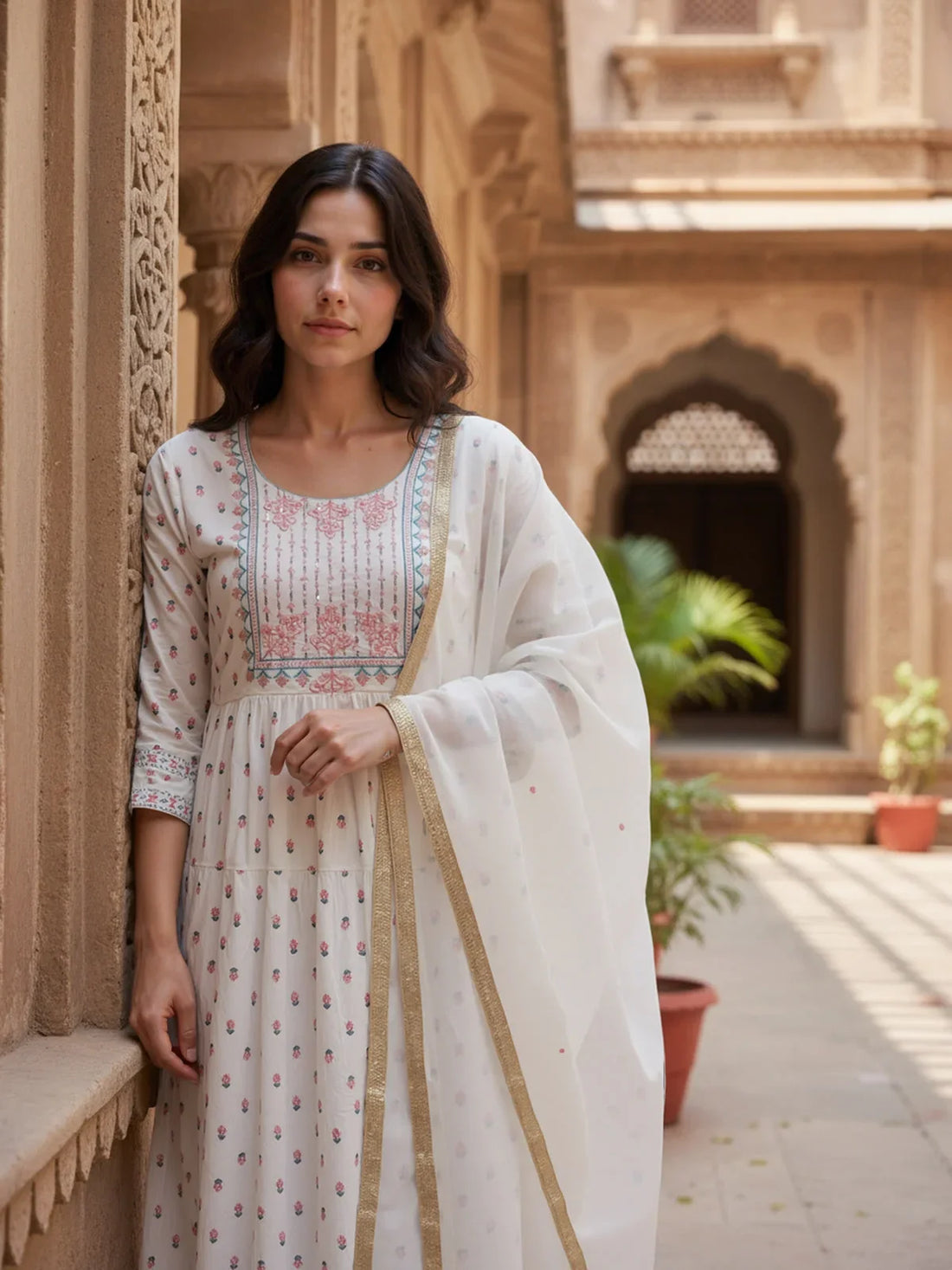 Buy Cotton Embroidered Anarkali Calf Length Kurta with Pant and Dupatta-Off White