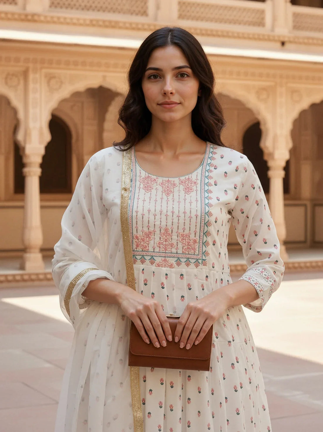 Buy Cotton Embroidered Anarkali Calf Length Kurta with Pant and Dupatta-Off White