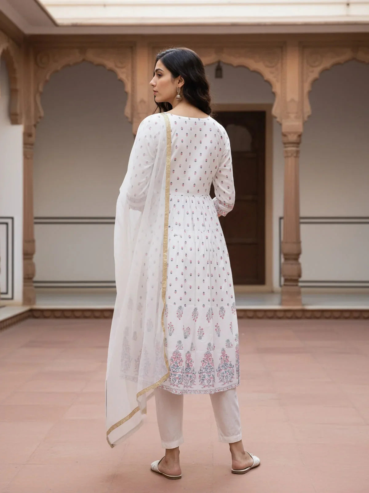 Buy Cotton Embroidered Anarkali Calf Length Kurta with Pant and Dupatta-Off White