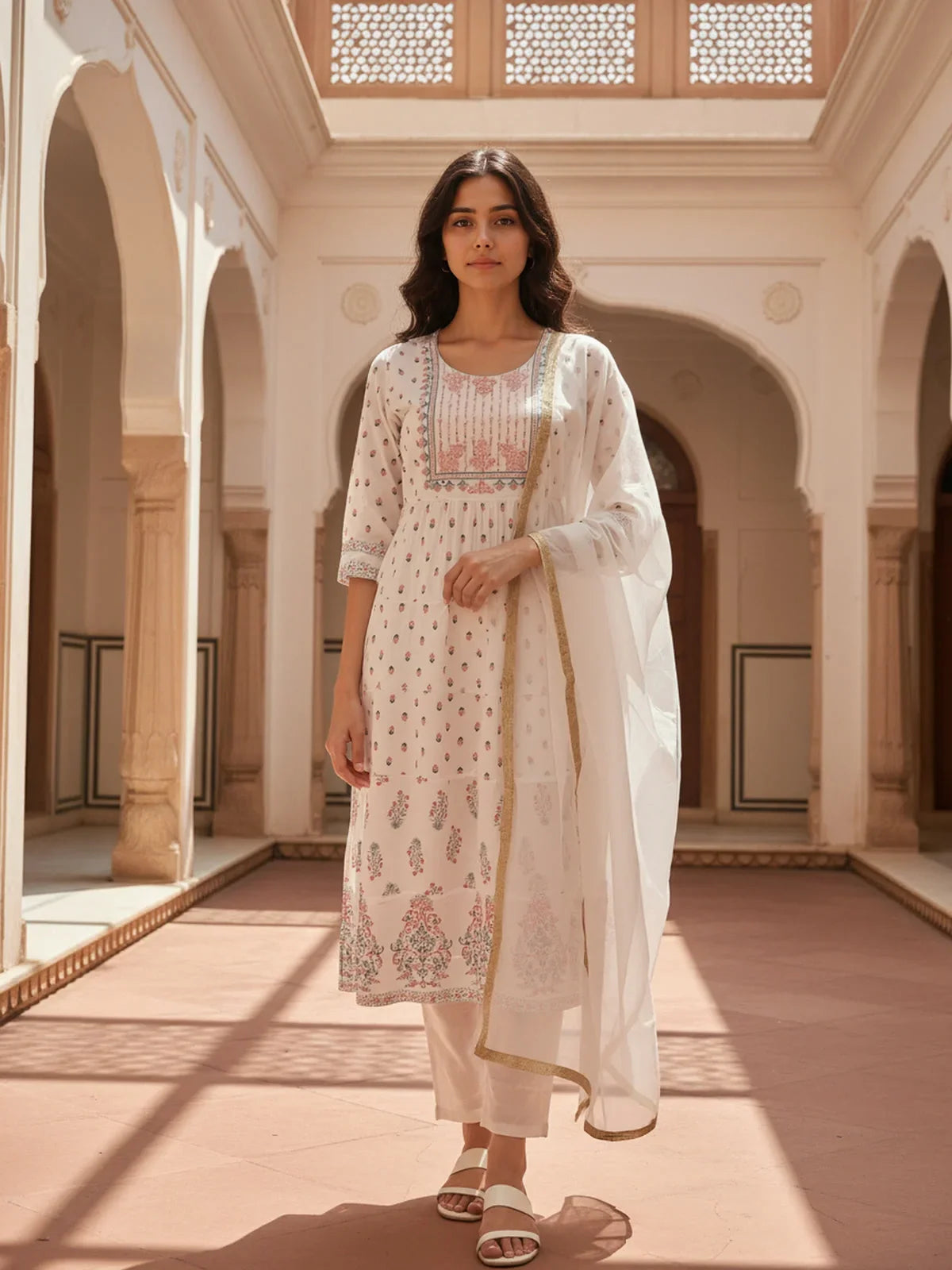 Buy Cotton Embroidered Anarkali Calf Length Kurta with Pant and Dupatta-Off White