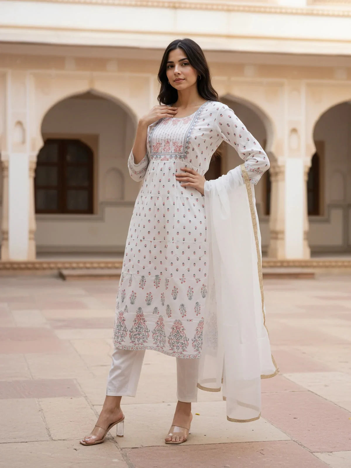 Buy Cotton Embroidered Anarkali Calf Length Kurta with Pant and Dupatta-Off White