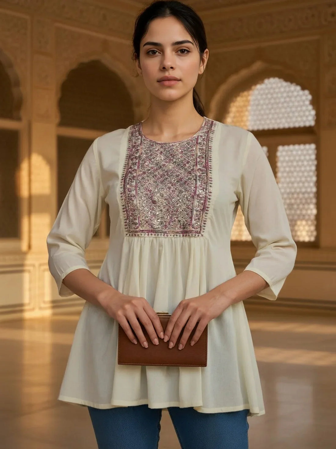 Buy Rayon Embroidered A-Line Short Length Short Kurti-Off White