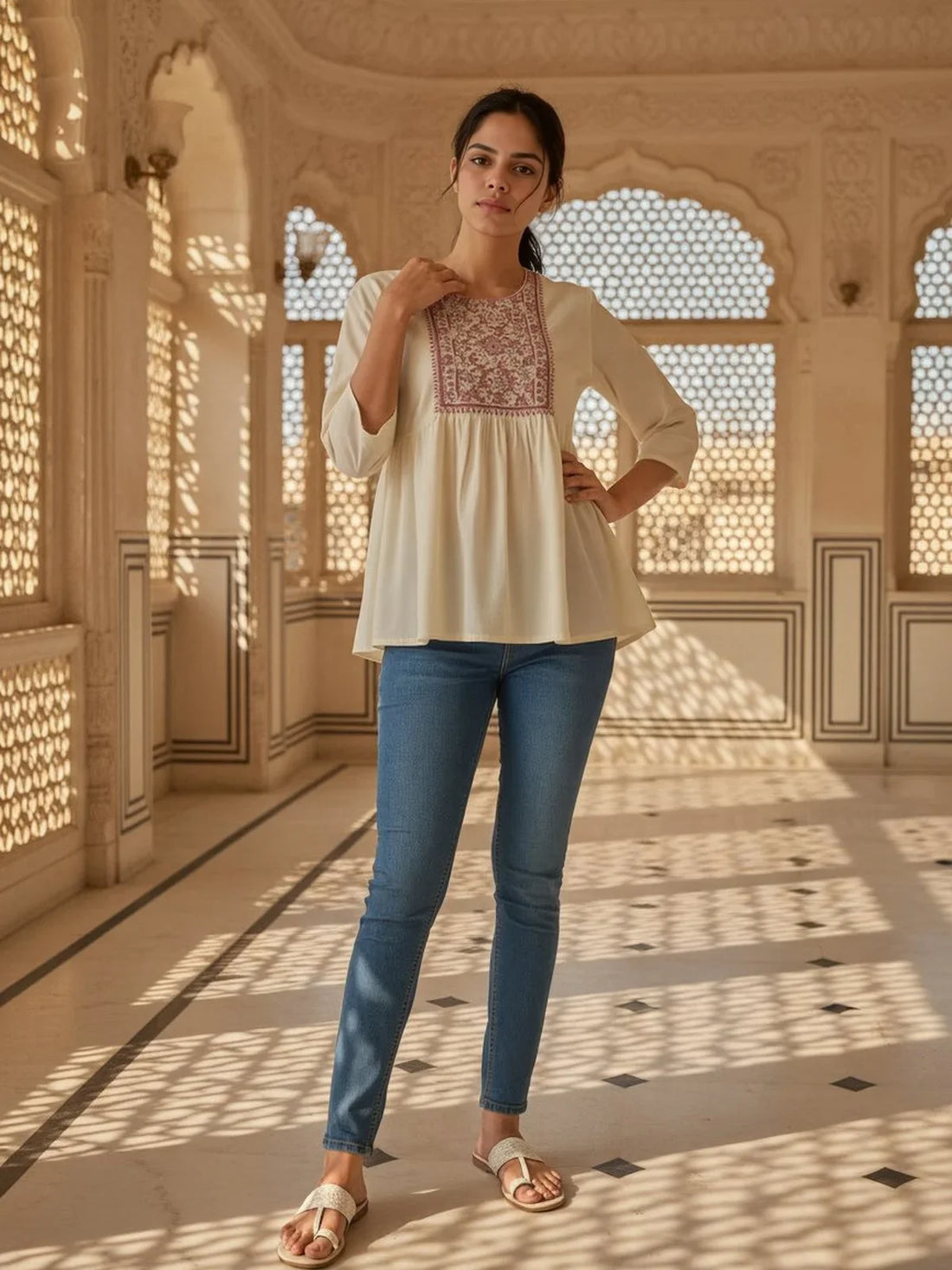 Buy Rayon Embroidered A-Line Short Length Short Kurti-Off White