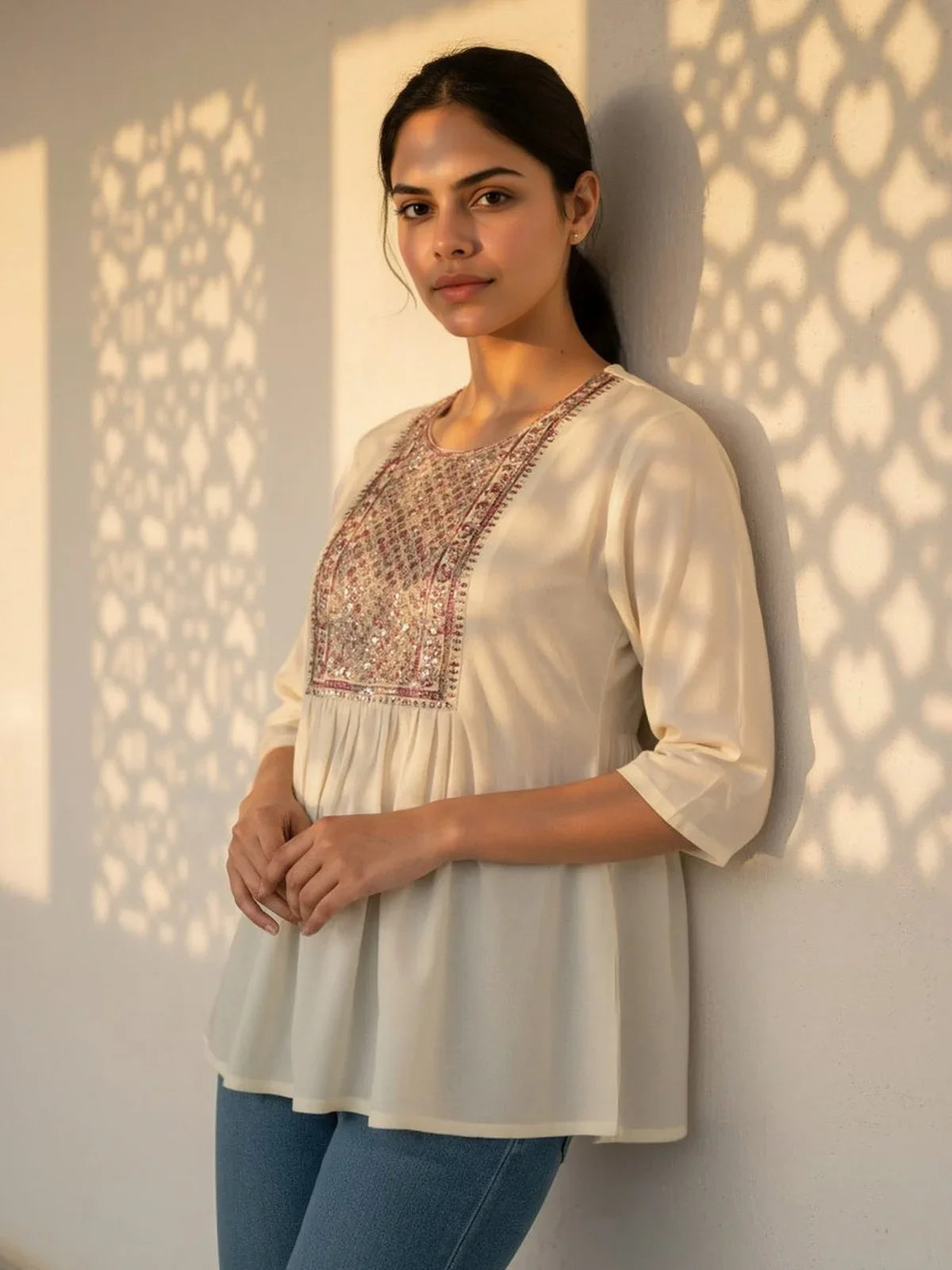 Buy Rayon Embroidered A-Line Short Length Short Kurti-Off White