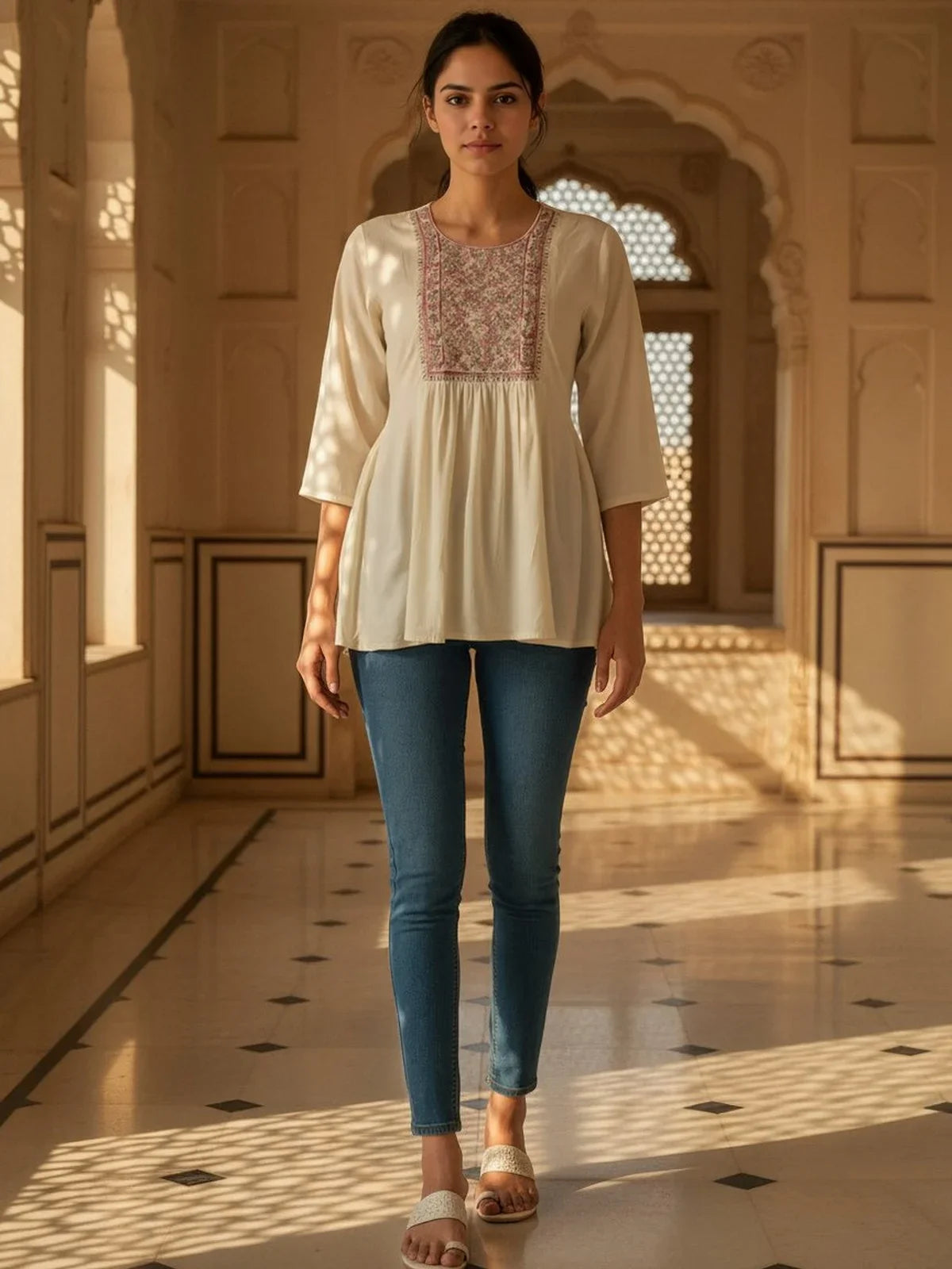 Buy Rayon Embroidered A-Line Short Length Short Kurti-Off White