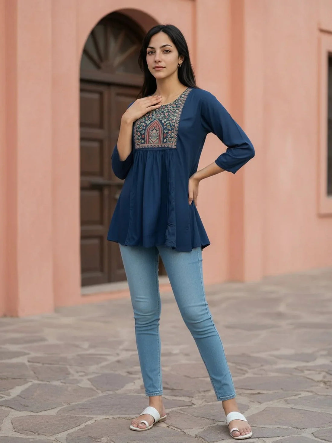 Buy Rayon Embroidered A-Line Short Length Short Kurti-Teal