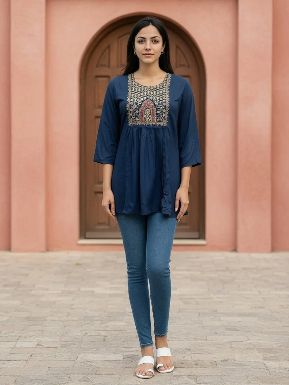 Buy Rayon Embroidered A-Line Short Length Short Kurti-Teal