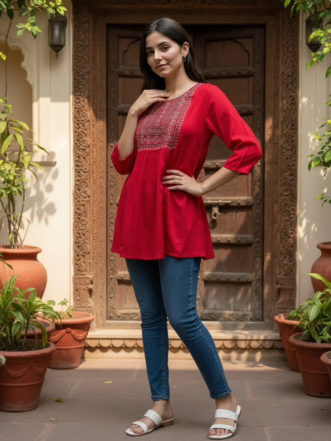 Buy Rayon Embroidered A-Line Above Knee Short Kurta-Red