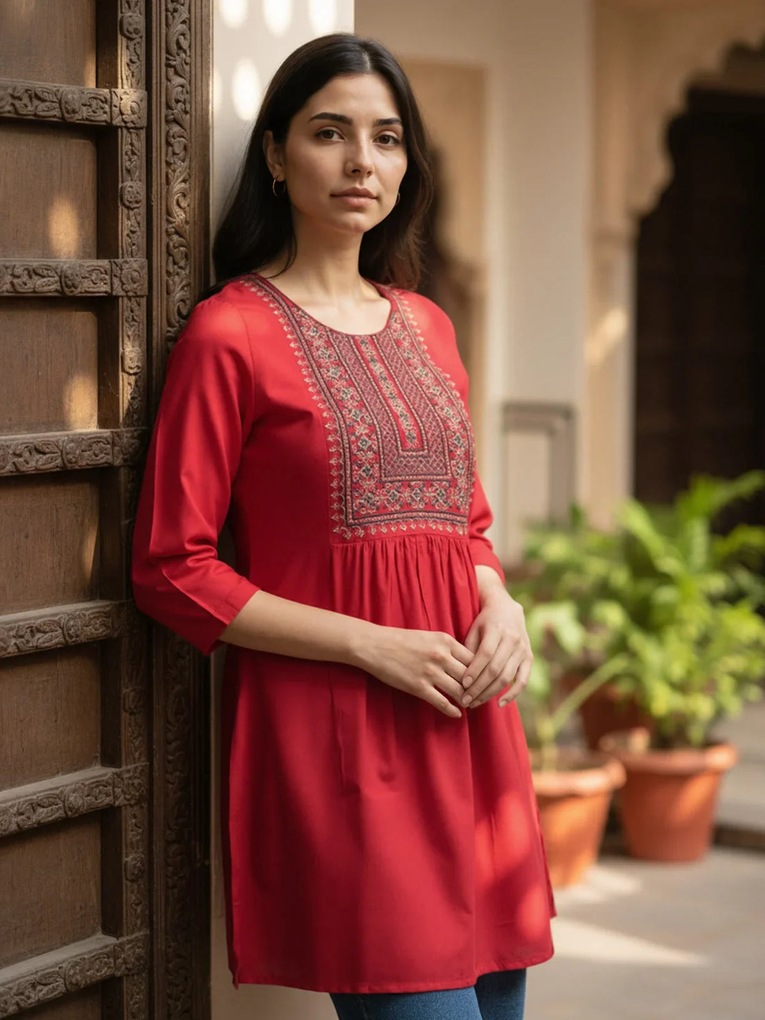 Buy Rayon Embroidered A-Line Above Knee Short Kurta-Red