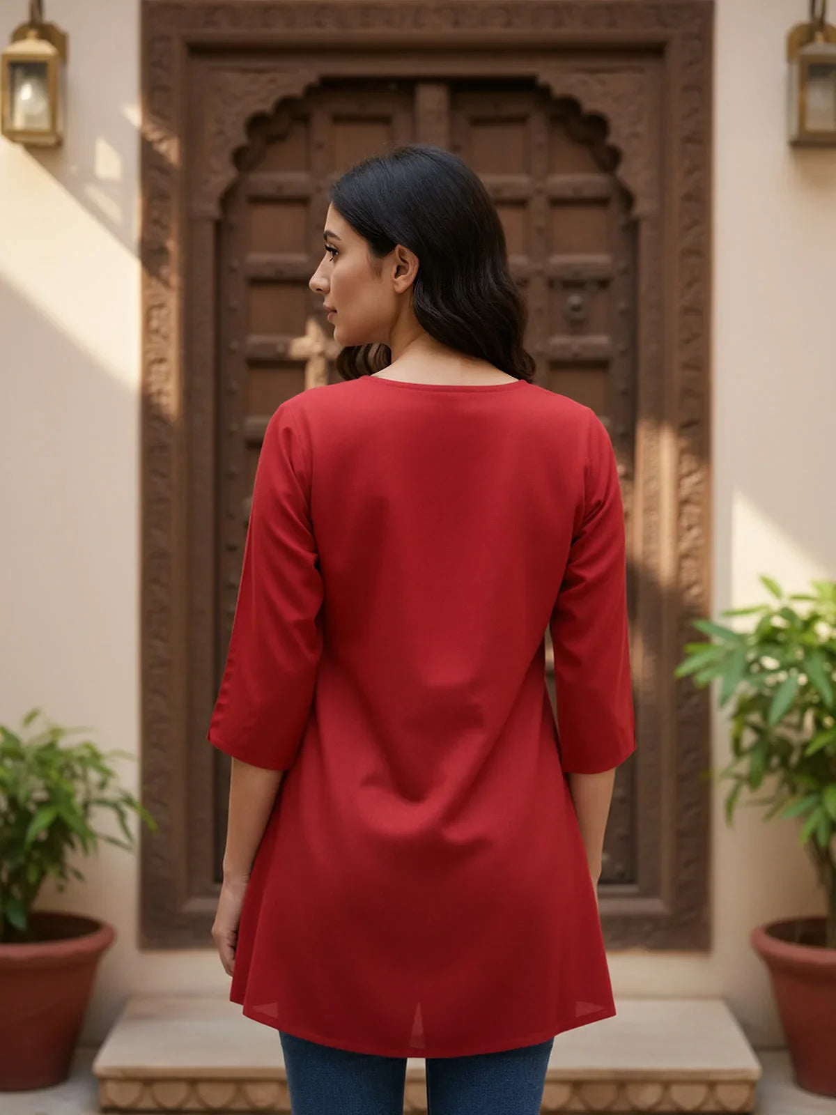 Buy Rayon Embroidered A-Line Above Knee Short Kurta-Red