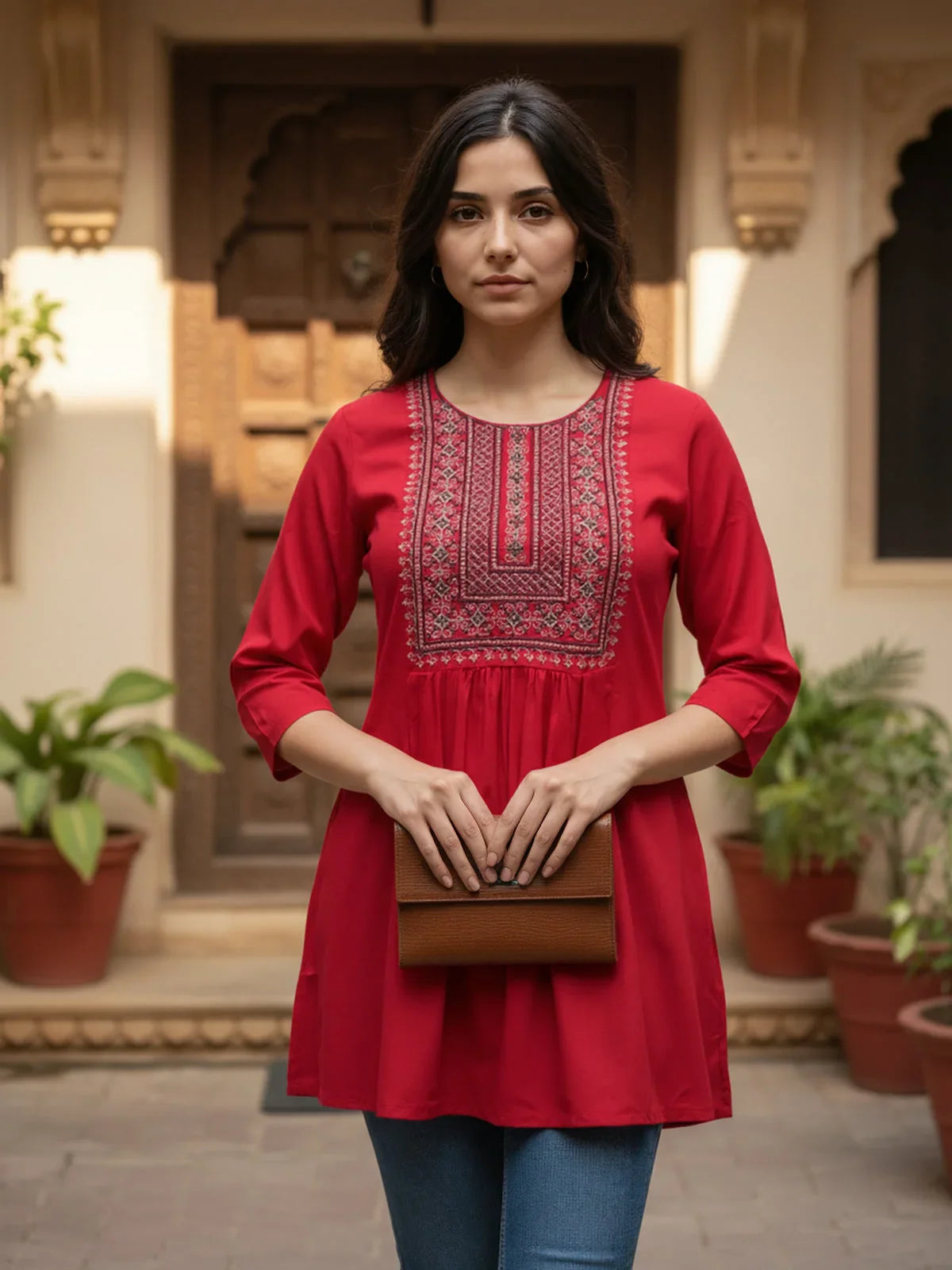 Buy Rayon Embroidered A-Line Above Knee Short Kurta-Red