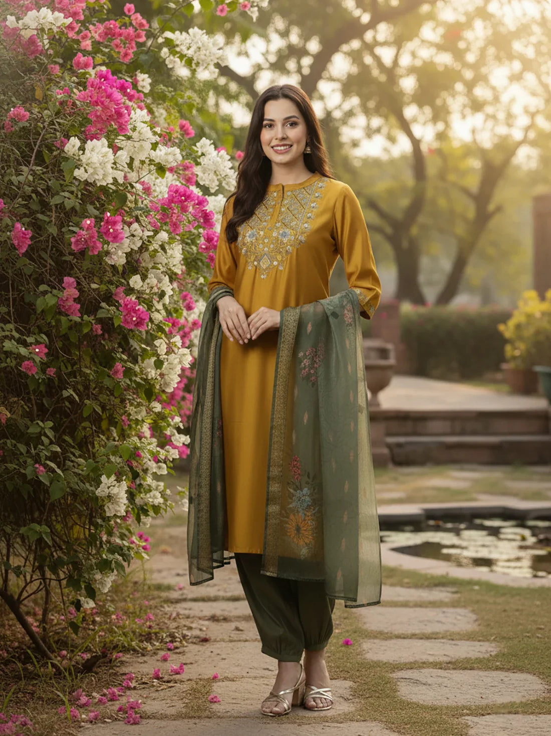 Buy Poly Viscose Embroidered Straight Calf Length Salwar Suits-Mustard