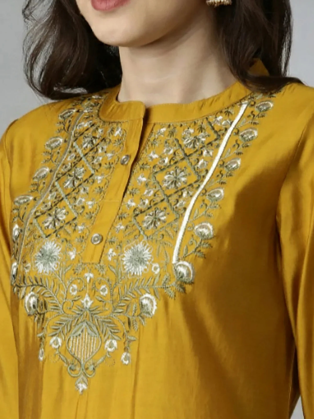 Buy Poly Viscose Embroidered Straight Calf Length Salwar Suits-Mustard