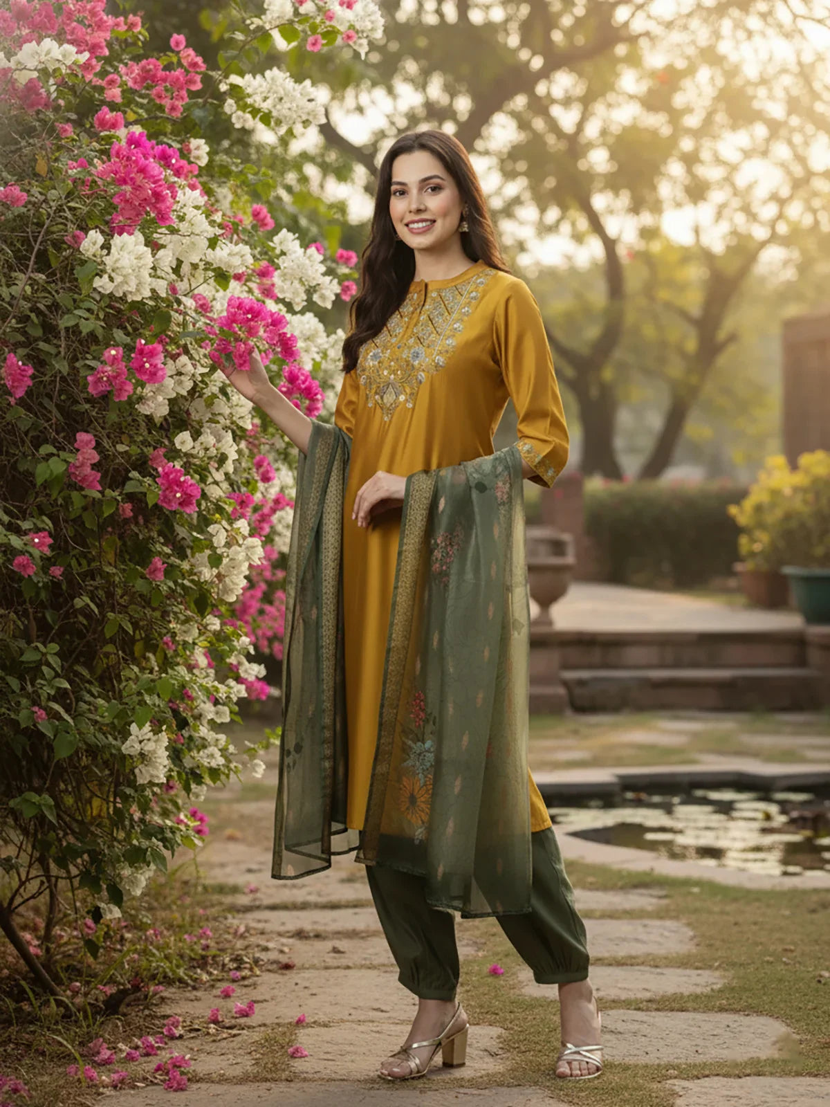 Buy Poly Viscose Embroidered Straight Calf Length Salwar Suits-Mustard