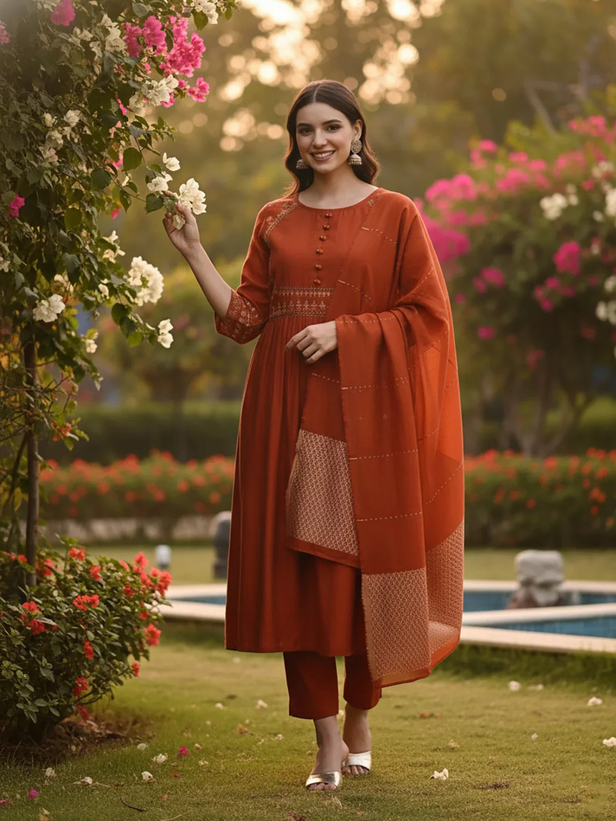 Buy Poly Viscose Embroidered Flared Calf Length Salwar Suits-Rust