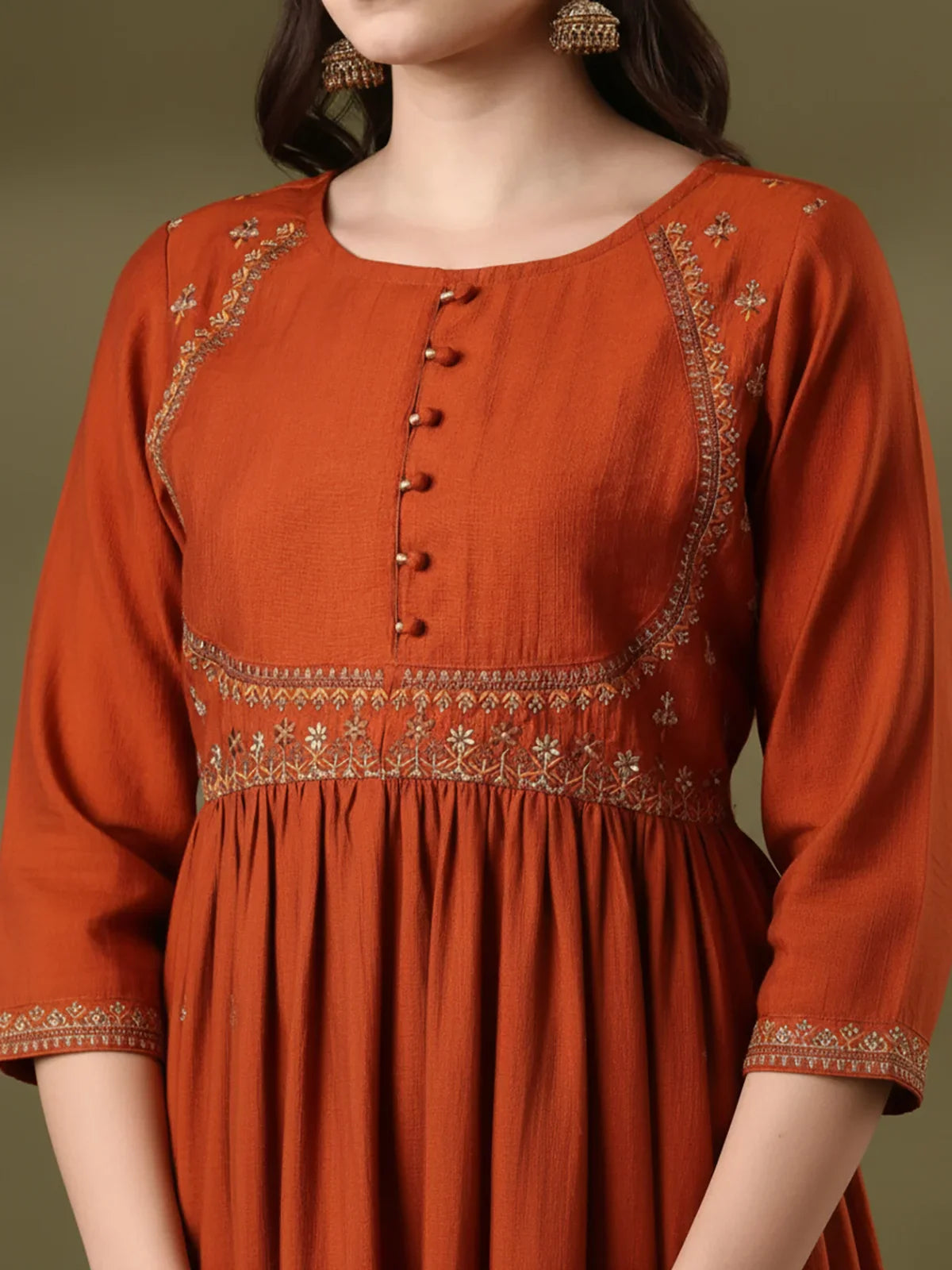 Buy Poly Viscose Embroidered Flared Calf Length Salwar Suits-Rust