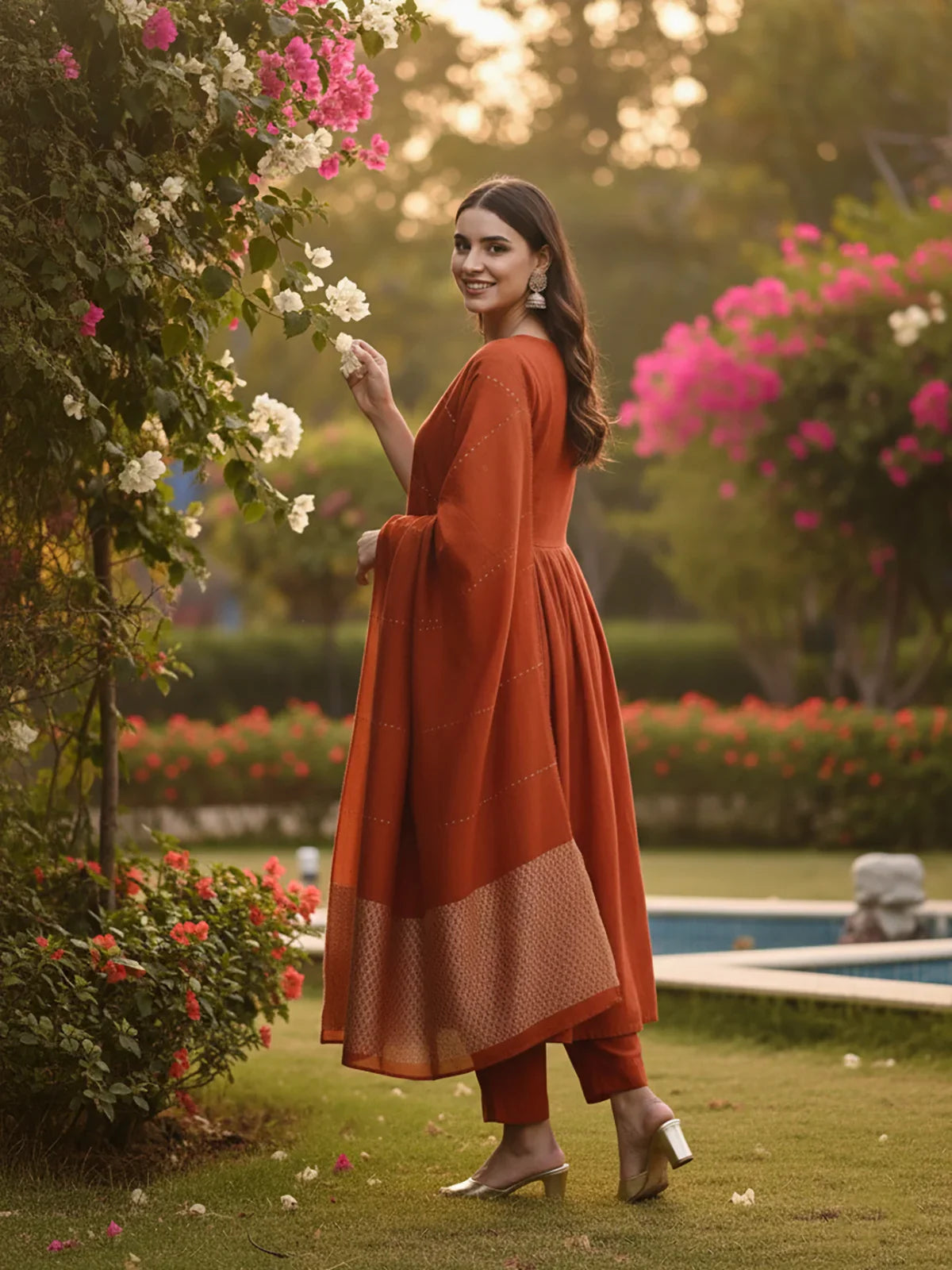 Buy Poly Viscose Embroidered Flared Calf Length Salwar Suits-Rust