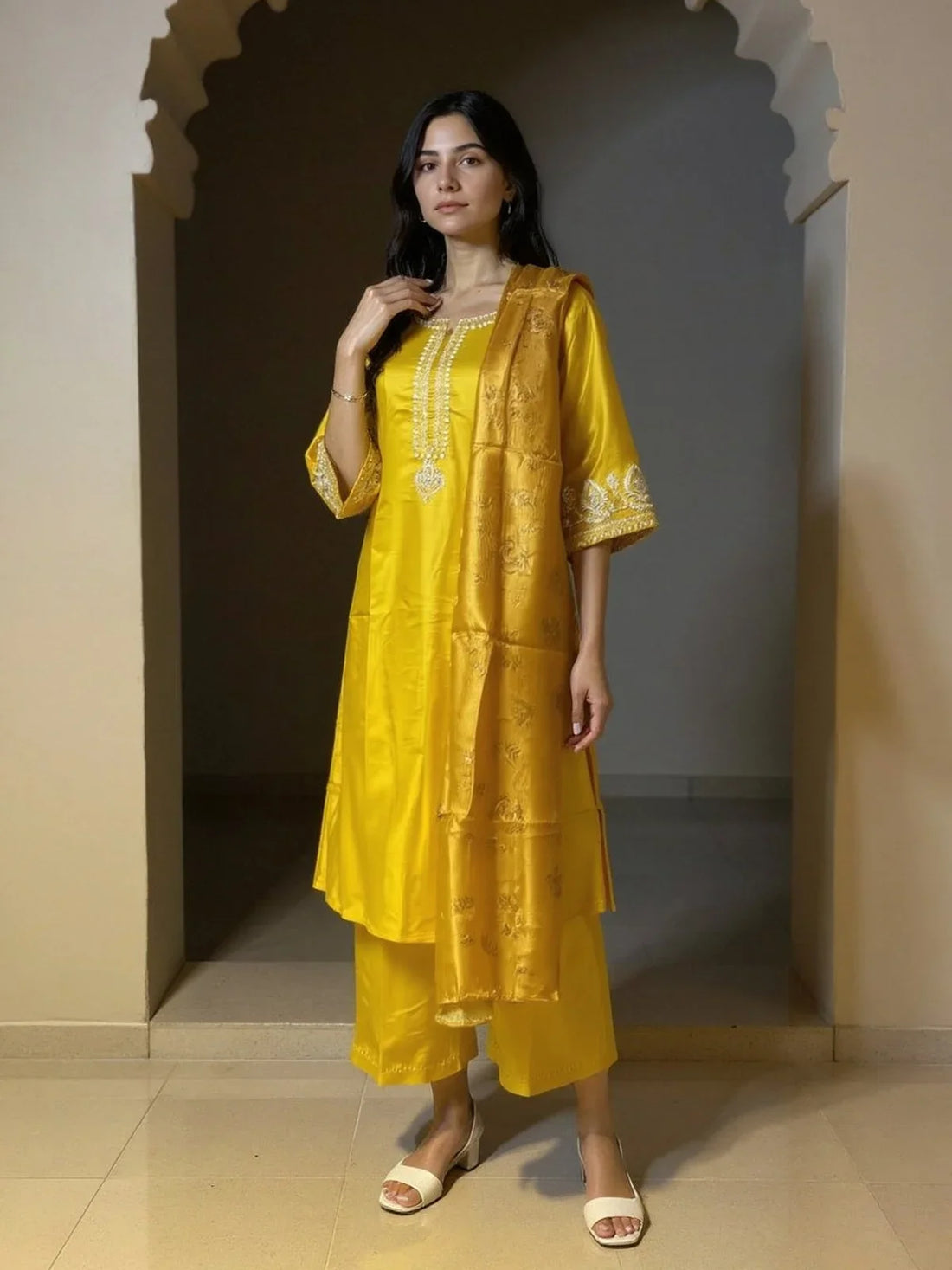 Buy Viscose Embroidered Straight Calf Length Salwar Suit-Mustard