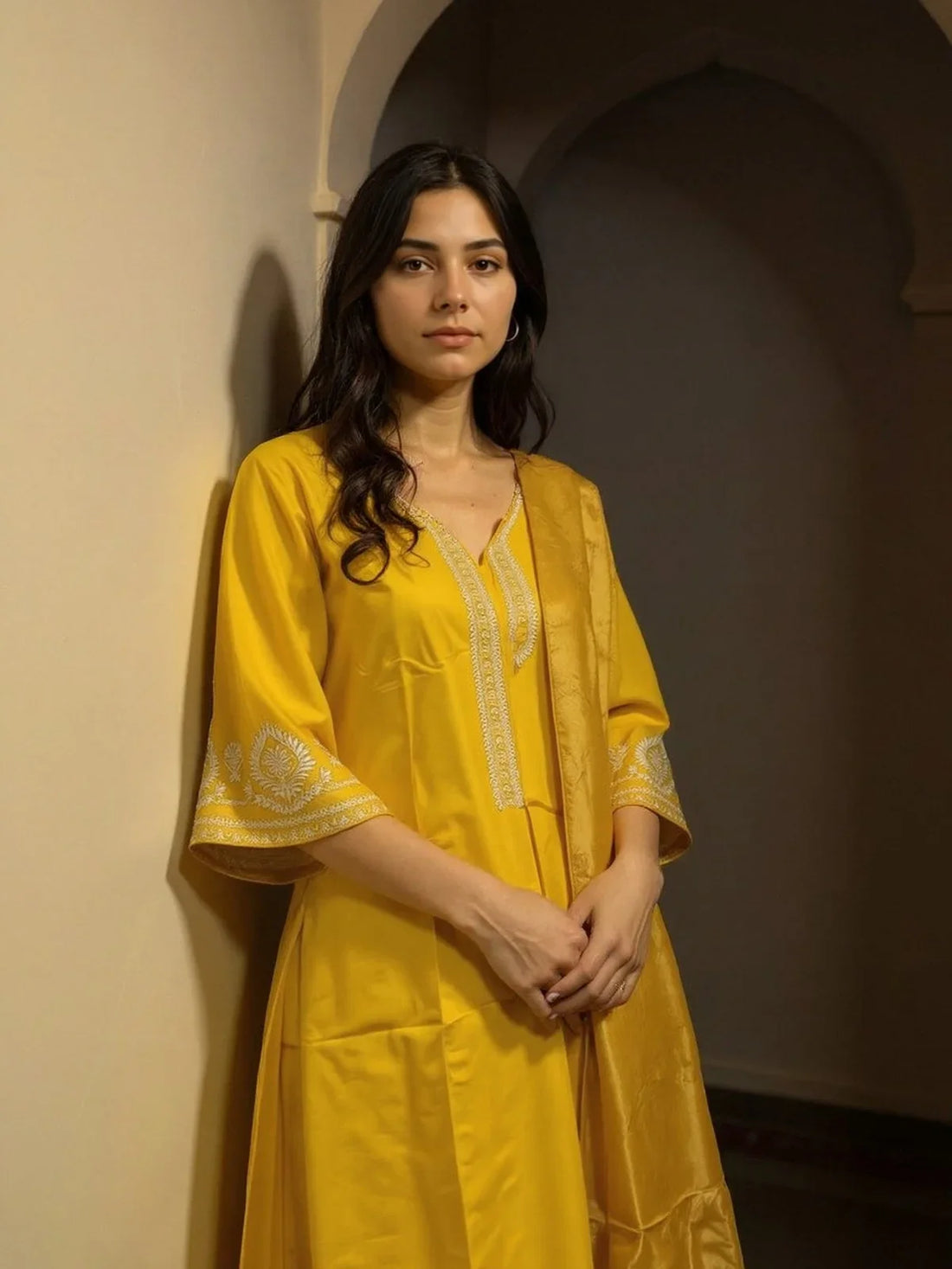 Buy Viscose Embroidered Straight Calf Length Salwar Suit-Mustard