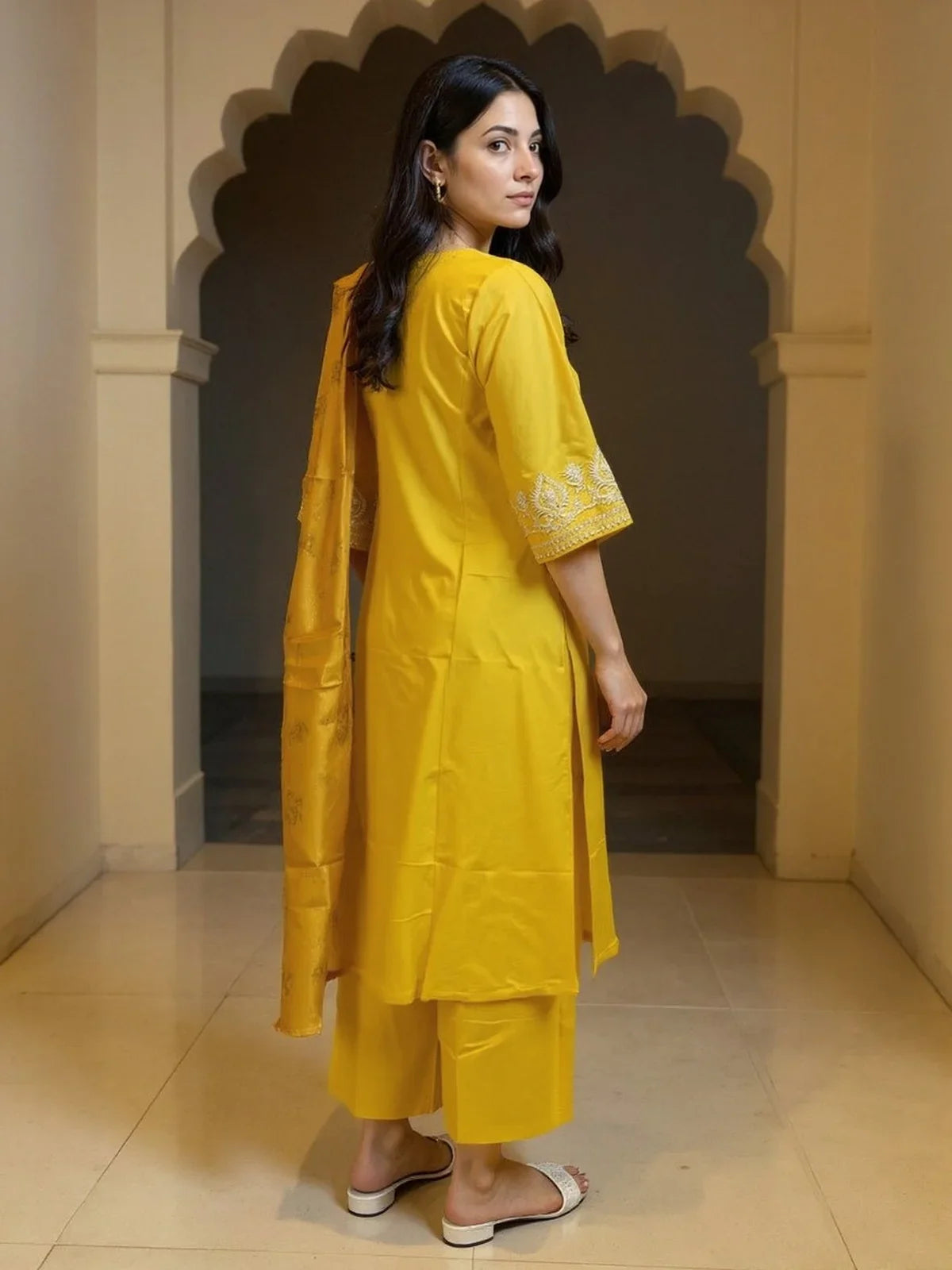 Buy Viscose Embroidered Straight Calf Length Salwar Suit-Mustard