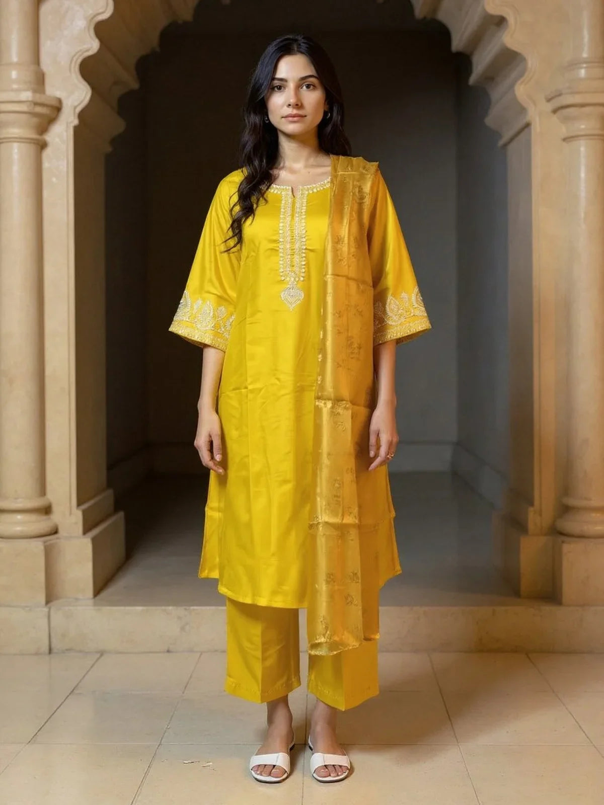 Buy Viscose Embroidered Straight Calf Length Salwar Suit-Mustard