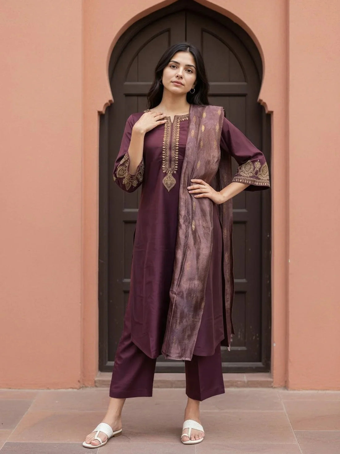 Buy Viscose Embroidered Straight Calf Length Salwar Suit-Wine