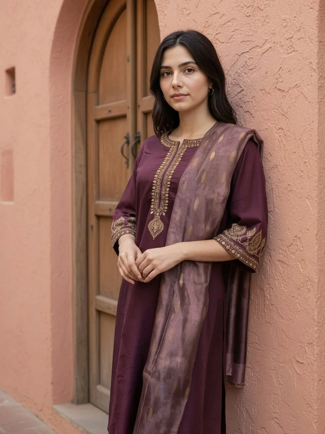 Buy Viscose Embroidered Straight Calf Length Salwar Suit-Wine