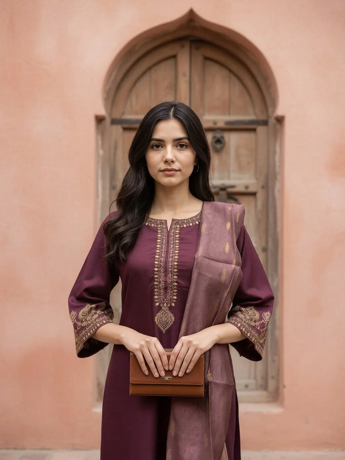 Buy Viscose Embroidered Straight Calf Length Salwar Suit-Wine