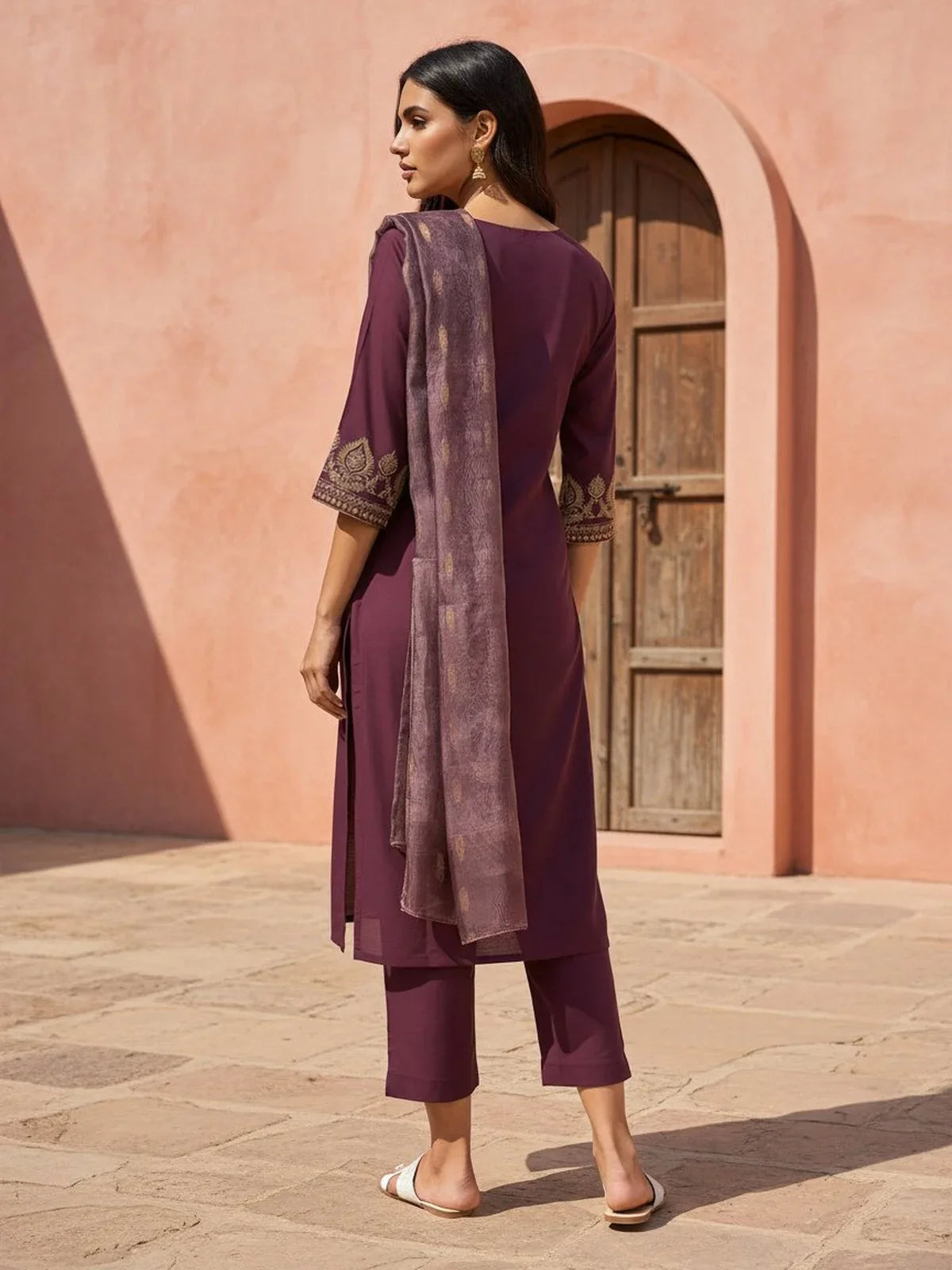 Buy Viscose Embroidered Straight Calf Length Salwar Suit-Wine